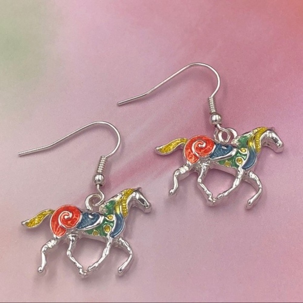 🌼 Painted Multicolor Horse Silver Dangle Earrings